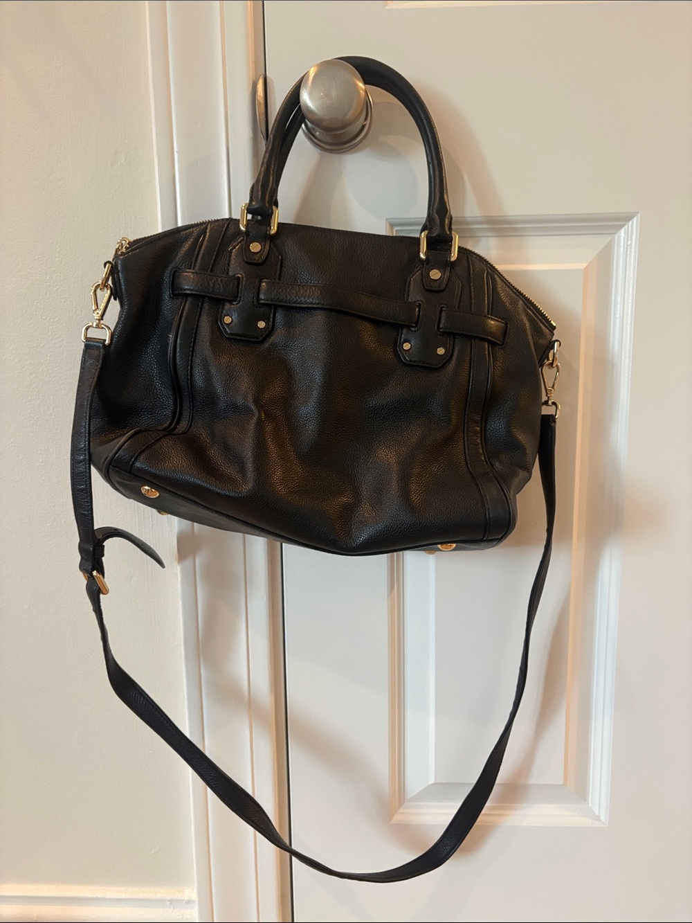 Michael Kors Black Leather Satchel with Gold Hardware and MK Medallion - Picture 2 of 4